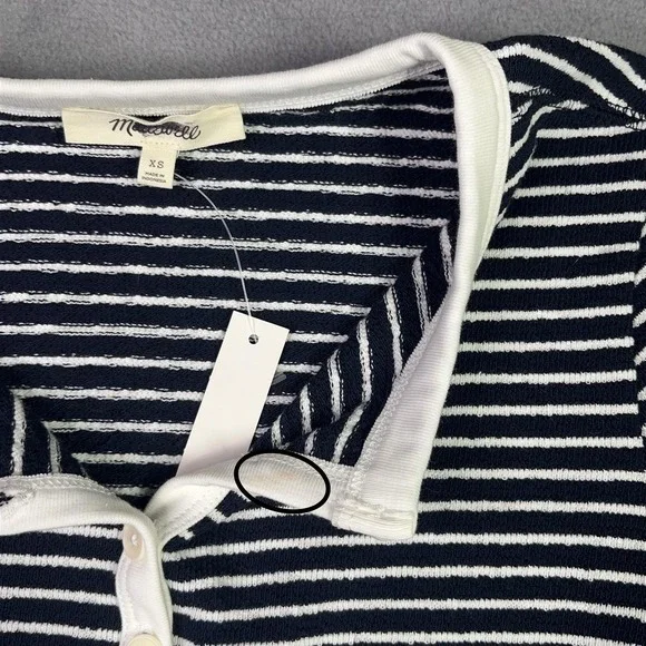 Madewell Top Womens XS Navy White Striped Henley Elbow Sleeve Cotton Knit Tee - Picture 6 of 9